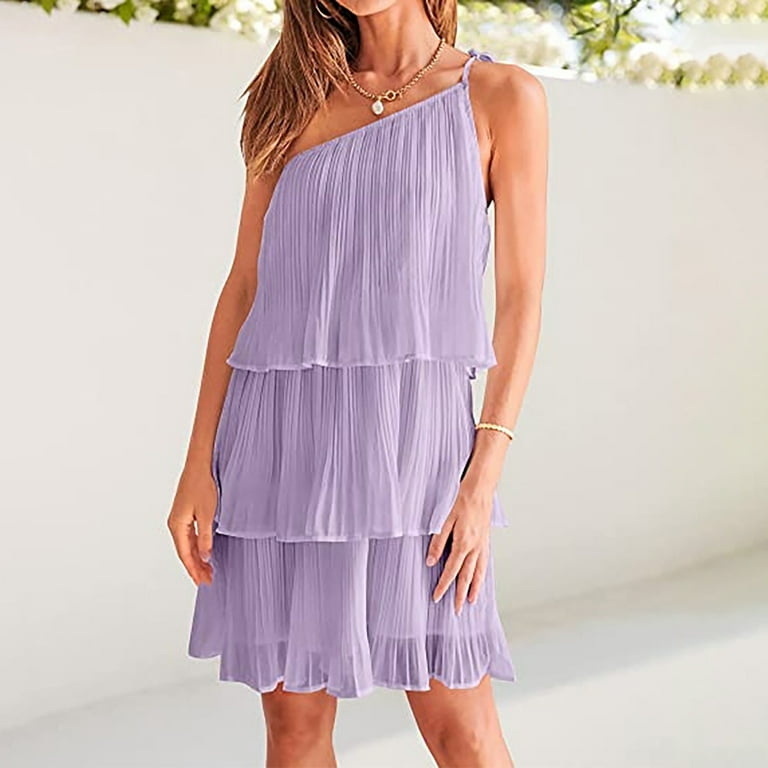 Women's Babydoll Dress Chiffon One Shoulder Strappy Sleeveless Layered  Dresses Knee Length Summer Trendy Casual Sundress Purple,M - Walmart.com