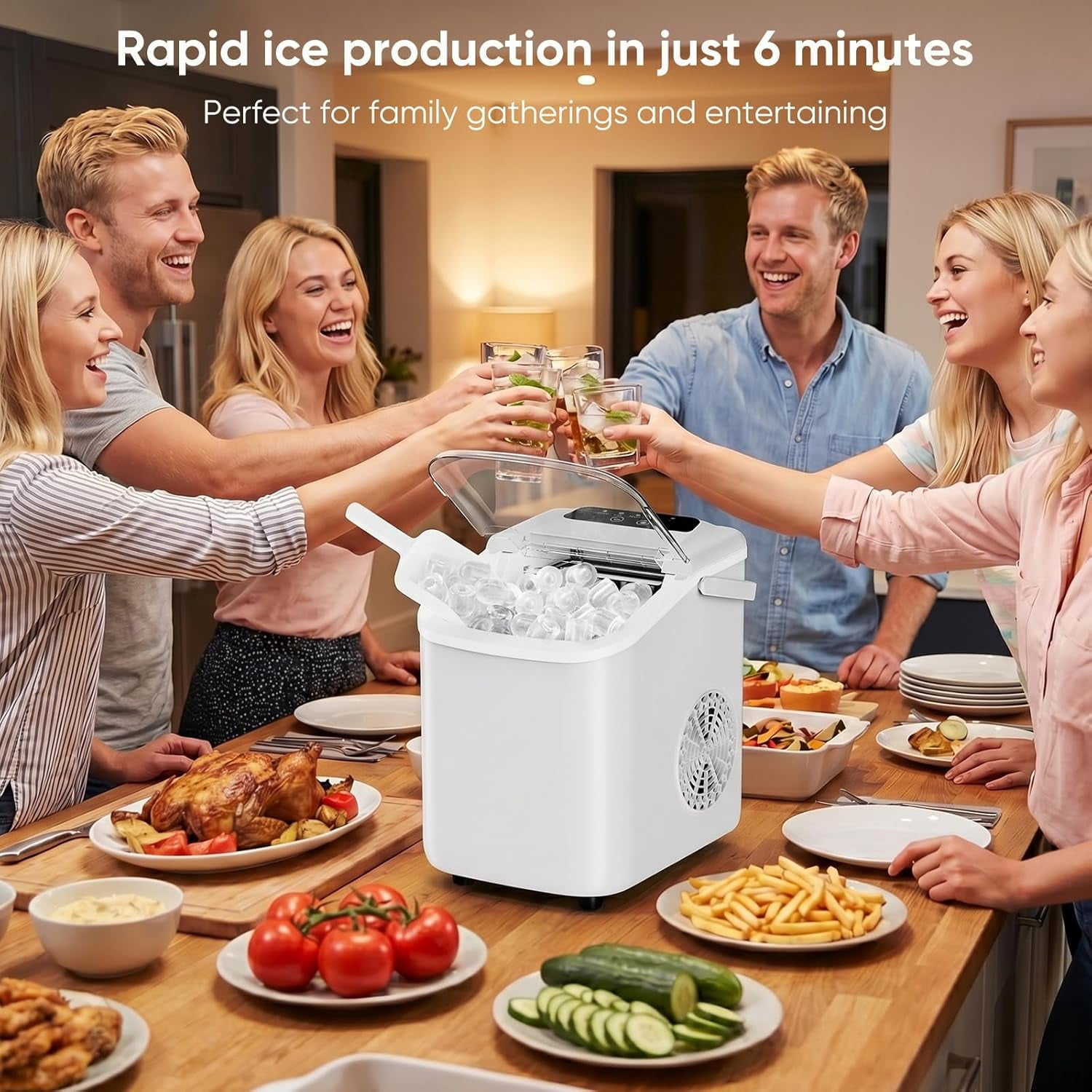 Ice Maker, Countertop Ice Machine with Handle, 9 Bullet Cubes in 6~8 Mins, 26lbs Daily, Self-Cleaning with Basket and Scoop for Home/Kitchen/Camping/RV