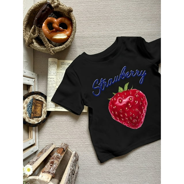 Girls' Strawberry Print T-Shirt - Casual Cream-Colored, Round Neck, Short Sleeve, Polyester Blend, Perfect for Spring & Summer
