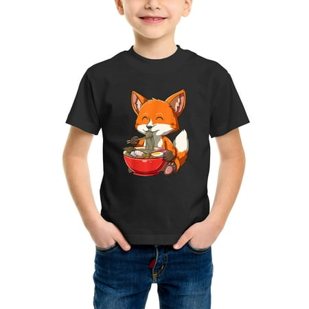 

Envmenst Boys Short Sleeve Cotton T-Shirt Fox Eating Ramen Ramen Noodle Lovers Fox Themed Gift T-Shirt Kids Girls Top
