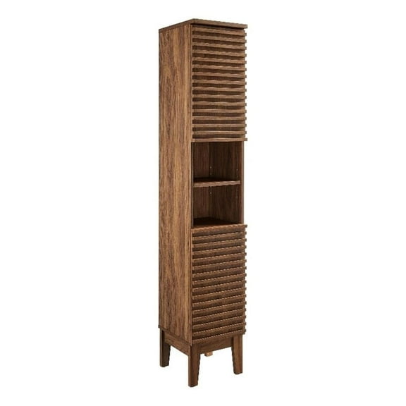 Pemberly Row Modern Tall Narrow Bathroom Storage Cabinet in Walnut