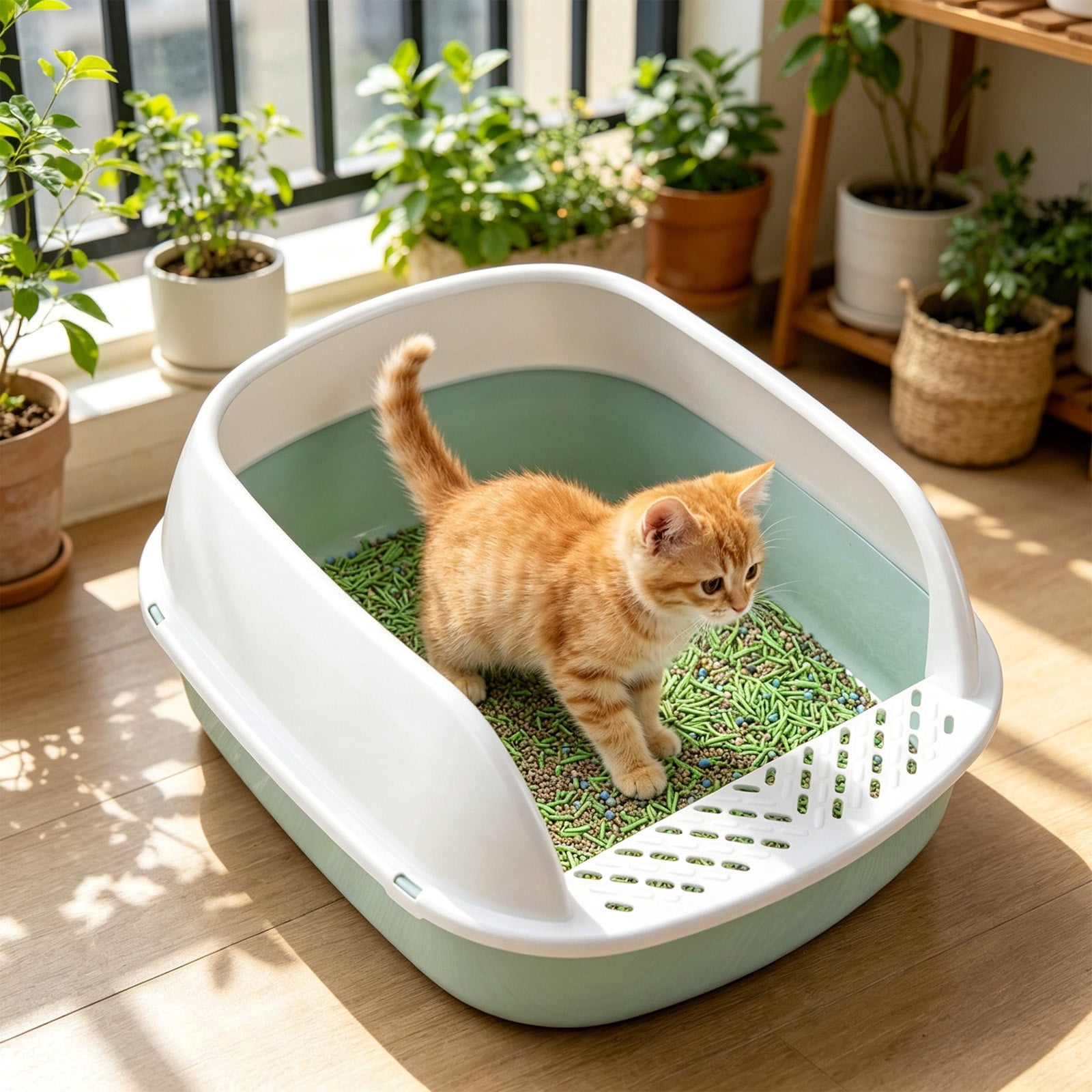 Semi Enclosed Cat Litter Box with Scoop Anti Splash Large Space Pet Toilet Box Easy Clean Kitty Litter Pan Hygienic Odor Control Durable Plastic Cat Toilet Tray for Indoor Cats