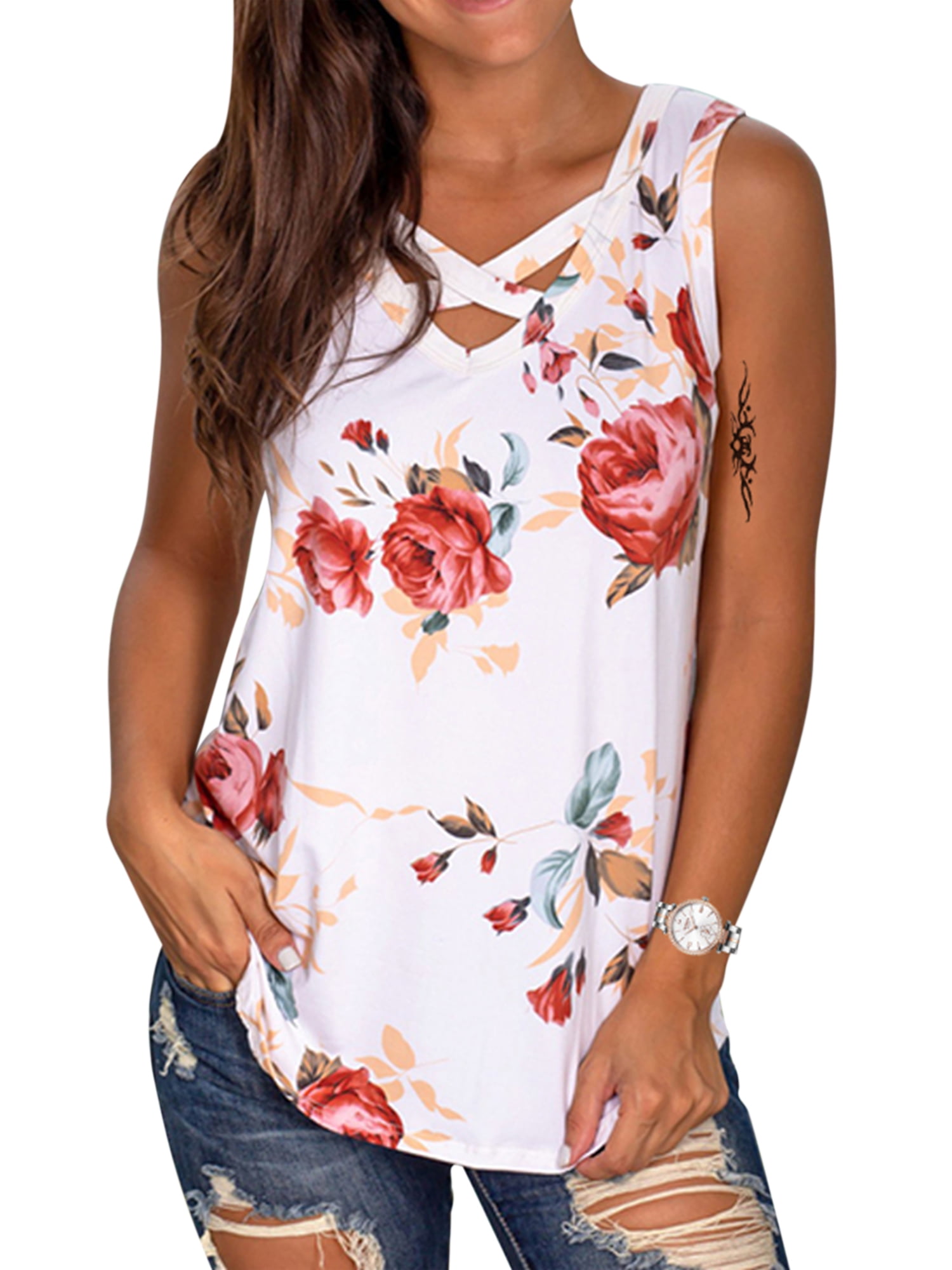 Womens Summer Boho Floral Sleeveless Vest Tank Tops Loose Casual T-shirt Blouse