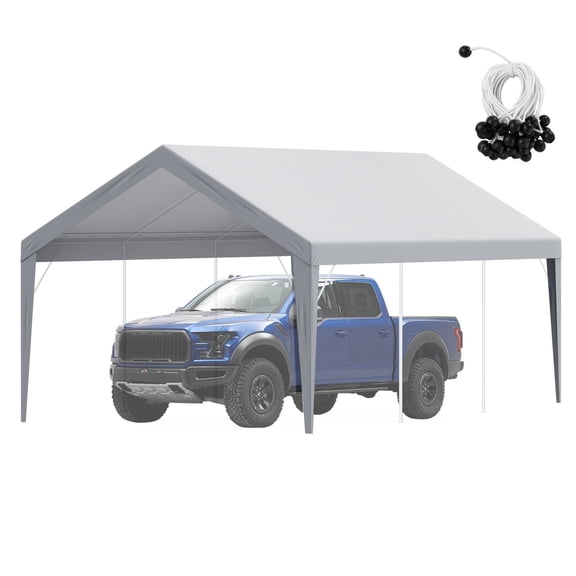 12x20 ft Waterproof Carport Top Cover Replacement, Durable UV Protected Shelter Tarp for Garage & Outdoor Use, Includes Ball Bungees - Grey (Frame Sold Separately)