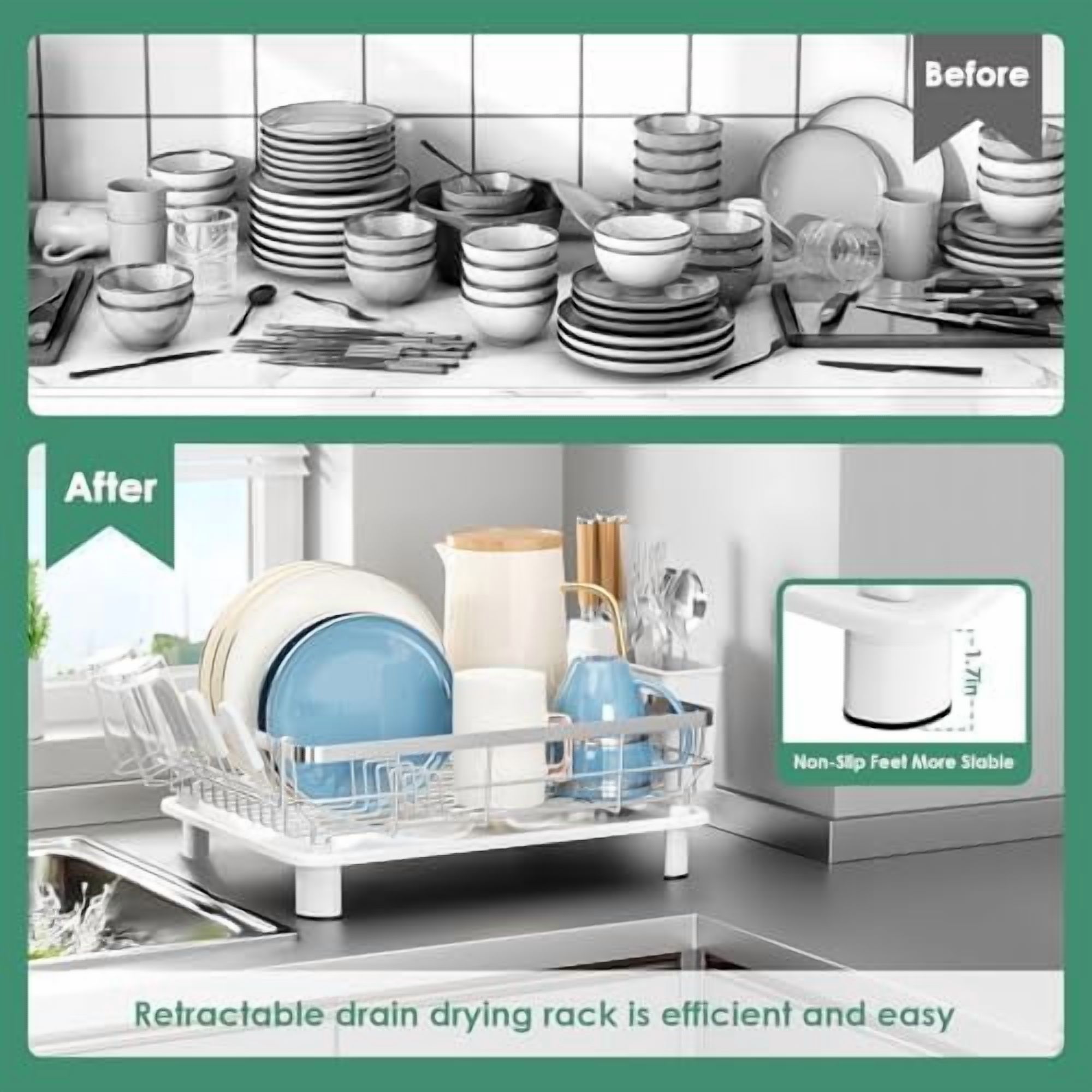Dish Drying Rack, Dish Rack, Stainless Steel Dish Racks for Kitchen Counter, Dish Drainer with Removable Utensil Holder, Drainboard (White,Stainless Steel,13''W x 17''L)