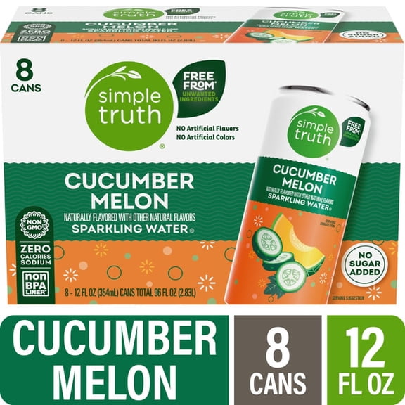 Simple Truth Cucumber Melon Sparkling Seltzer Water, 12 fl oz Cans, 8 Pack, Refreshing Naturally Flavored Beverage, Zero Calories, Caffeine Free