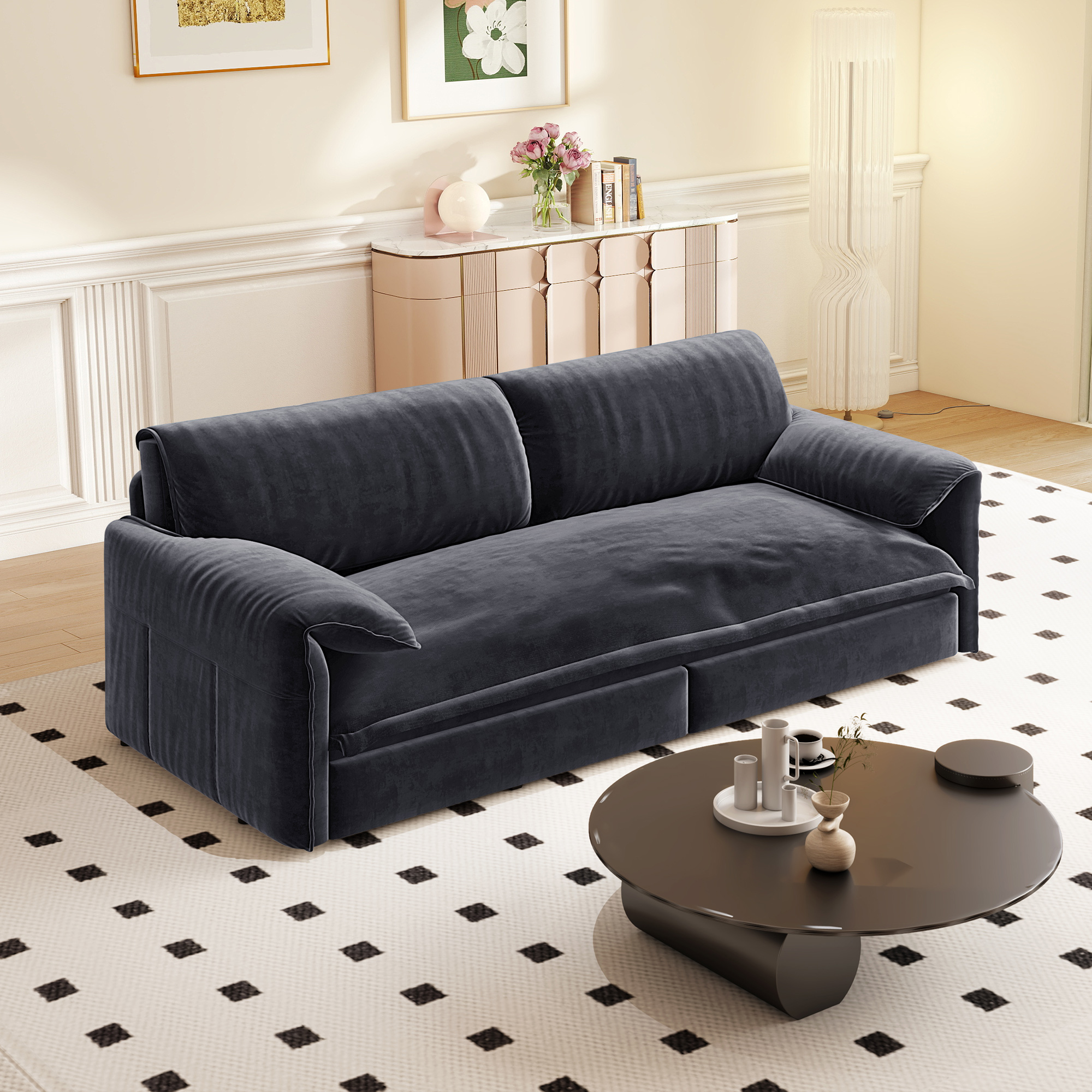 Timbernest 66" Futon Sofa Bed, 3 in 1 Convertible Sleeper Sofa Queen Size with Side Storage, Velvet Pull Out Sofa Bed, Gray