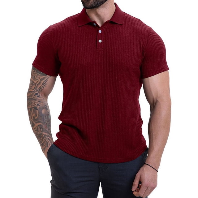 Camisas Elvqul de Caballero Casuales Vino Manga Corta sin Estampado Polo con Solapa Botones