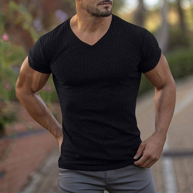 pstuiky Camisa de manga corta para hombre, Camisas deportivas de manga corta con cuello en V, elásticas, informales, de color liso para hombre ropa de hombre xxl