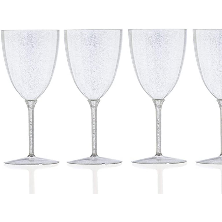 8 Piece Set of Disposable Silver Glitter Stemmed Wine Cups 7 oz - for Parties, Date Nights, Formal Dinners, Wine Tasting, Clear
