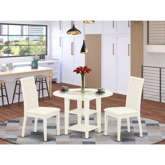 Round Drop Leaf Dinette Set - 3 Piece Table & Chair Set - Linen White Finish - Small Space Dining