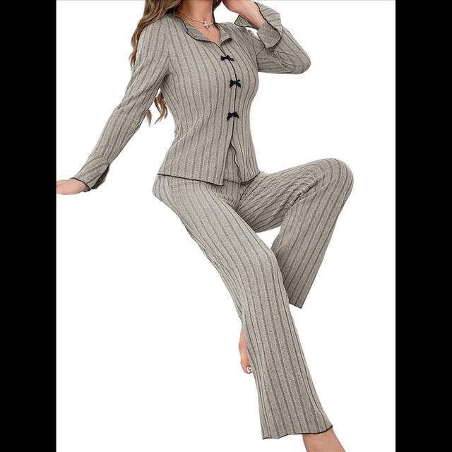 Conjunto de Pijama y Pantalón de Punto Acanalado Informal de Dos Piezas para Mujer, de Otoño, Súper Suave. Gris L