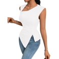 thumbnail image 2 of Womens Asymmetric Neck Slim Fit Cropped Solid Color Tshirt Elegant Basic Top Casual Chic Tee Cream White L, 2 of 9