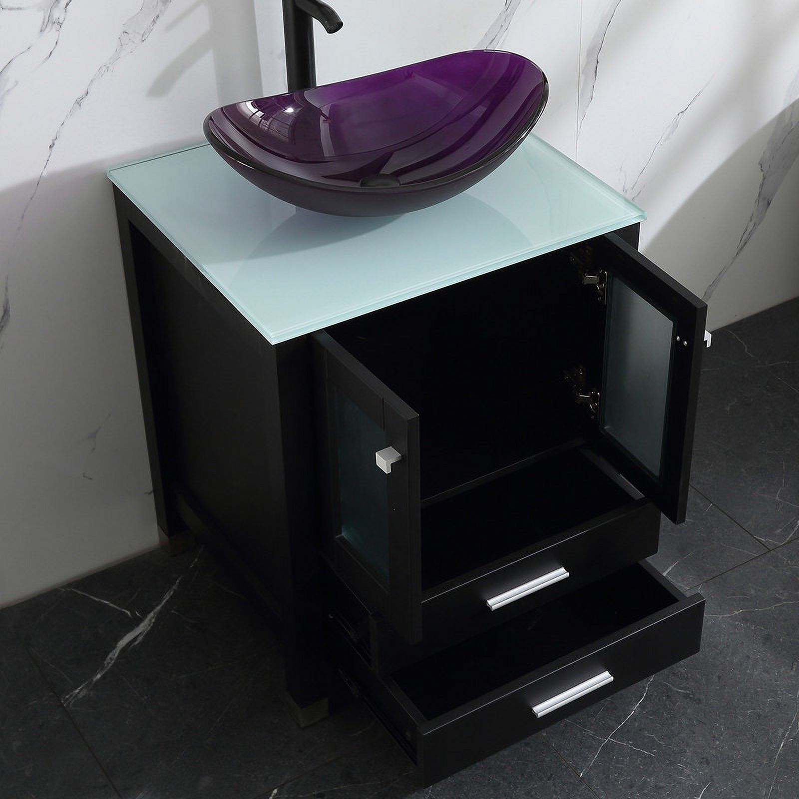 Walsport 24" Luxurious Bathroom Vanity with Purple Tempered Glass Vessel Sink Bowl and Countertop and Mirror and Faucet,Stand Floor Cabinet Bathroom Storage Vanity with Pop Up Drain,Black