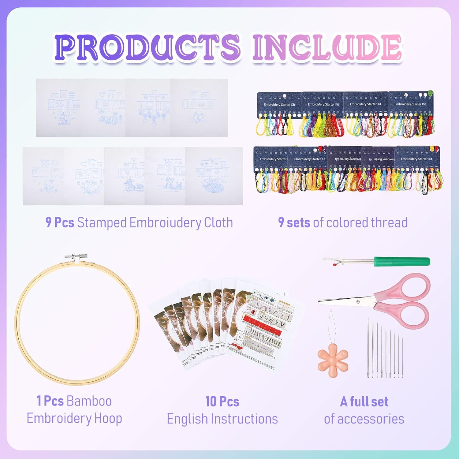 9 Sets Embroidery Kit for Beginners Adults Cross Stitch Needlepoint Kits for Stamped Craft Lover(Lovely)
