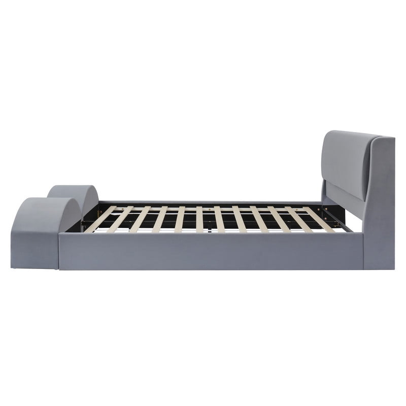 Queen Size Upholstered Platform Bed with LED Lights, Velvet Kids/Teens/Adults Low-Profile Bed Frame with Pet Nests at Footboard