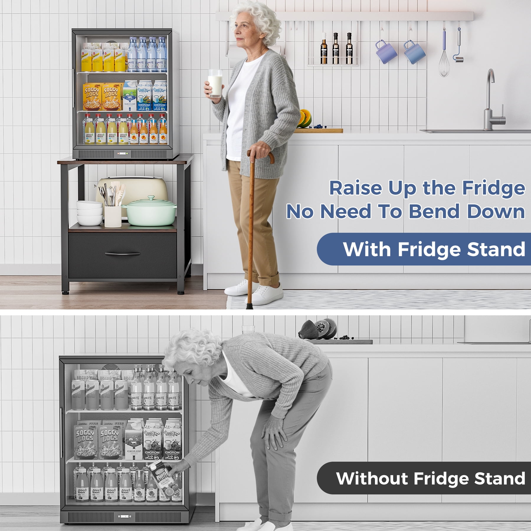 Mini Fridge Stand with Storage, Heavy Duty Mini Fridge Cabinet with Fabric Drawer, Wood Beverage Refrigerator Stand Table for Dorm, Office, Bedroom, Load 220LBS, Black Walnut