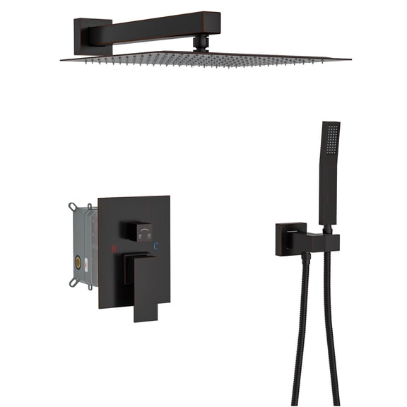 JERFIT 12-inch Dual Shower Head System, Oil Rubbed Bronze Wall Mounted Shower Set with Pressure Balance Valve, Rainfall Square Showerhead and Handheld Spray