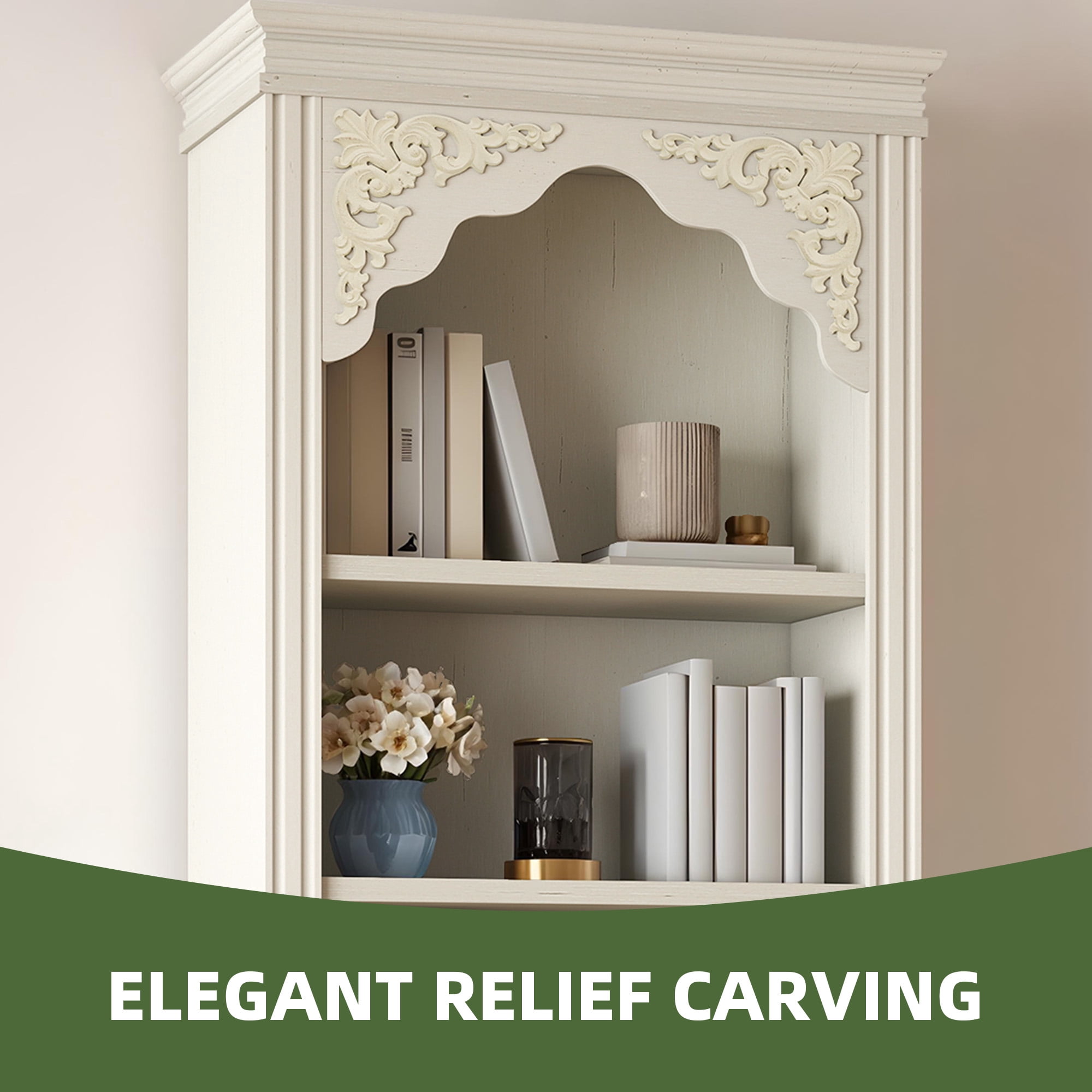 Uforic 5-Tier Bookcase, Vintage Arched Tall Bookshelf with Adjustable Shelves, White Open Display Rack, 23.6"