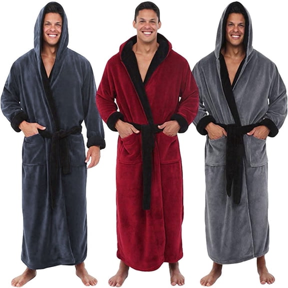 successthop Bathrobe for Men with Hood Plus Size Plush Long Sleepwear with Pockets Loose Belted Solid Housecoat Black