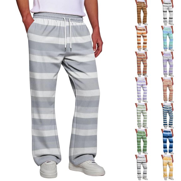 Men Baggy Wide Leg Pants Striped Print Elastic Waist Drawstring Sweatpants Loose Fit Street Style Trousers With Side Pockets L