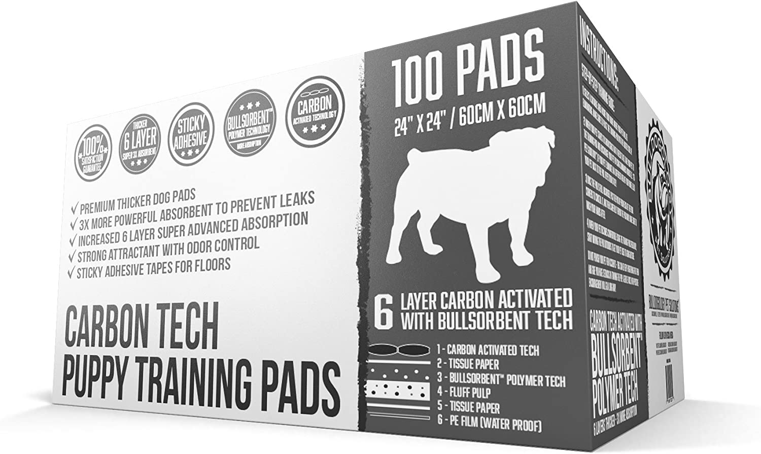 Bulldogology Carbon Black Puppy Pee Pads with Adhesive Sticky Tape (24x24) with Stain & Odor Remover Bundle Set (200-Count w/32oz.)