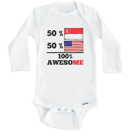 

50% Singaporean 50% American 100% Awesome Funny Singapore Flag One Piece Baby Bodysuit (Long Sleeve) 0-3 Months White