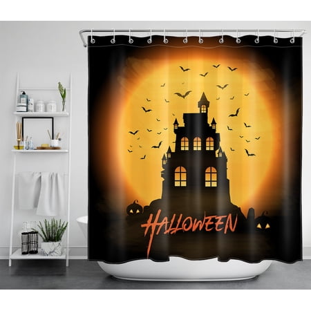 HVEST Halloween Shower Curtain Scary Castle with Bats in The Orange Full Moon Night Creeky Shower Curtains for Kids Bathroom Decor, 72x78 Inch Waterproof Polyester Fabric Bathroom Curtain with Hooks