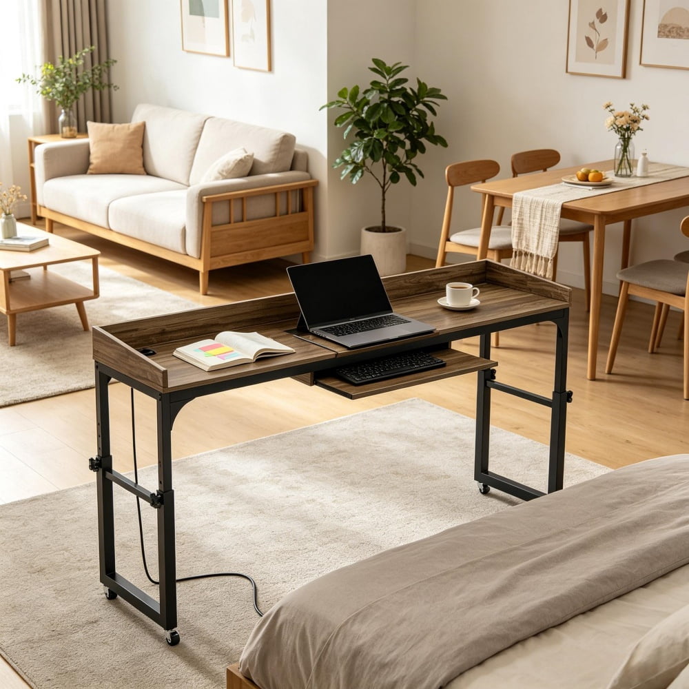 Height Adjustable Overbed Table with Wheels, 5-Level Tilting Desktop, Mobile Bedside Desk with AC & USB Charging Ports for Working Reading Gaming