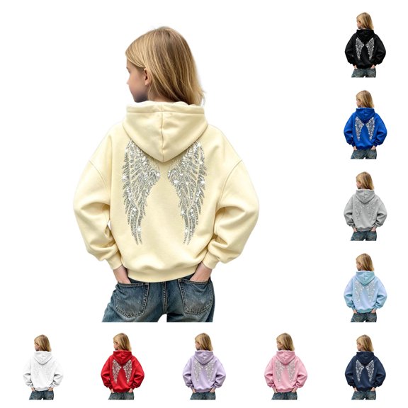Grblisyd Girls Sparkly Rhinestone Angel Wing Hoodies Long Sleeve Hooded Sweatshirts Fashion Casual Pullovers With Pockets