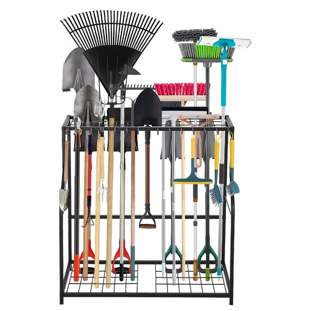 Heavy-Duty Freestanding Garden Tool Organizer Rack – 2-Tier Metal Storage Shelf with 14 Hooks & 43 Long-Handle Slots – For Garage, Rack, Lawn Equipment – 29 Inch