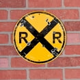 thumbnail image 2 of Round Metal Bullet Holes RR XING Railroad Crossing Train Sign Rustic Railfan Home Bar Wall Art Decor, 2 of 5