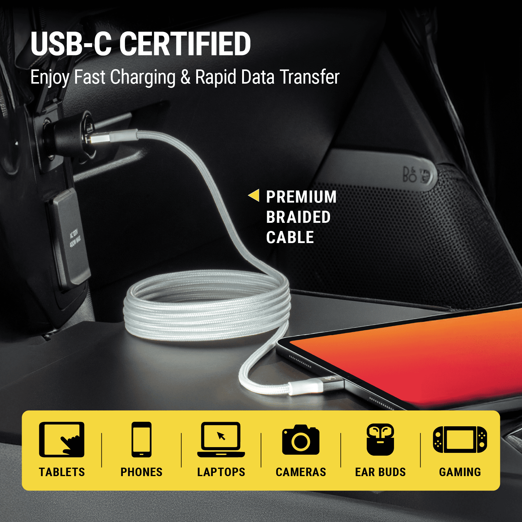 Câble tressé de recharge magnétique 60 watts USB-C à USB-C Strikeline CCBM6WT-SP Scosche 1,8 m, blanc (FRENCH) GOI F&B - Item Short Description