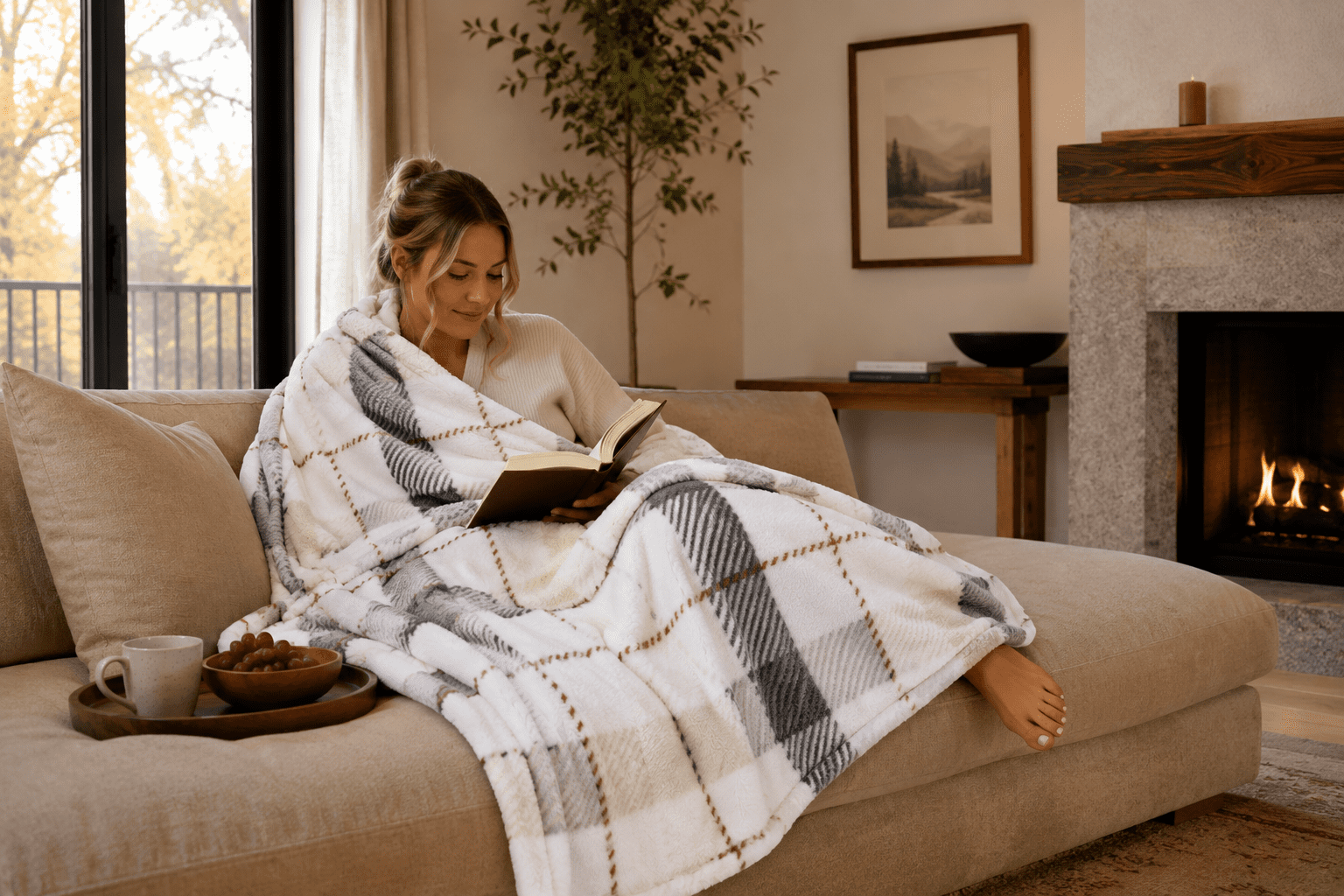 Mainstays Super Soft Plush Neutral Plaid Bed Blanket, Full/Queen Size, 90 x 90 in