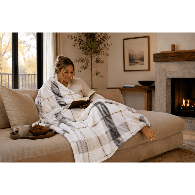 Mainstays Super Soft Plush Blanket, Neutral Plaid, Twin, Adult