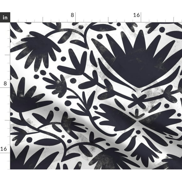 Spoonflower Fabric - Black White Painted Florals Flowers Leaves Nature Texture Damask Printed on Upholstery Velvet Fabric by the Yard - Upholstery Home Decor Bottomweight Apparel