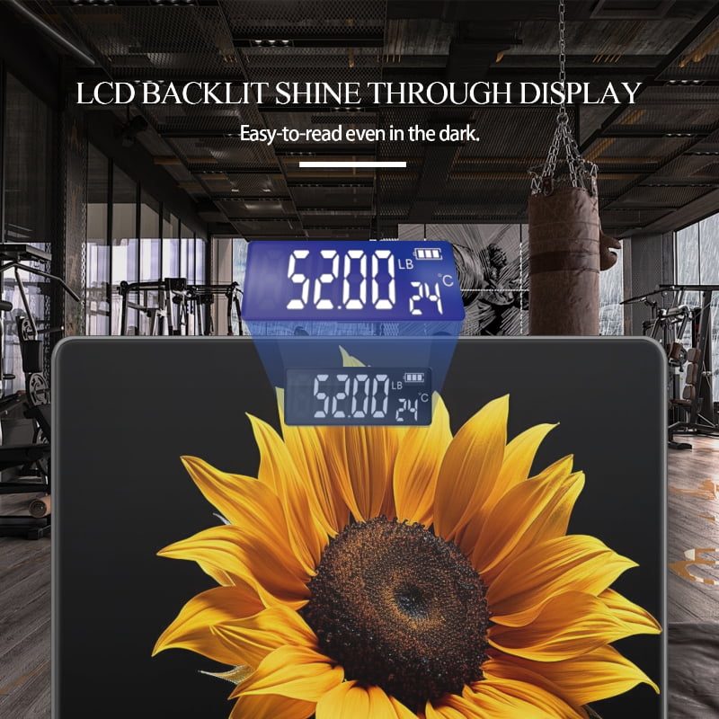Bathroom Scale, Highly Accurate Digital Body Scale,Precisely Measures Weight up to 400 lbs-Sunflower With Leaves On Black Background