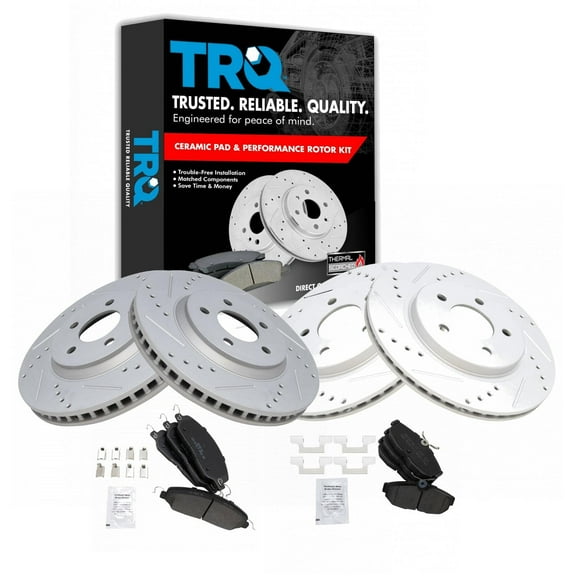 TRQ Front and Rear Performance Brake Pad & Rotor Kit Brake Pads Brake Rotors Set Semi-Metallic Premium G-Coated Fits Select 2005-2014 Ford Mustang