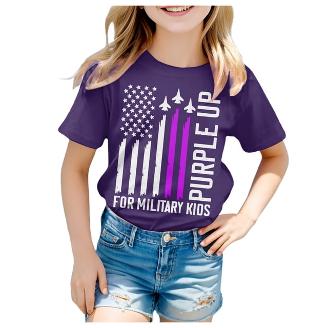 WEIYLL T-Shirts Garçons Violets Manches Courtes Col Rond Imprimé Lettre Drapeau T-Shirts Violets Vêtements pour 8-9 Ans
