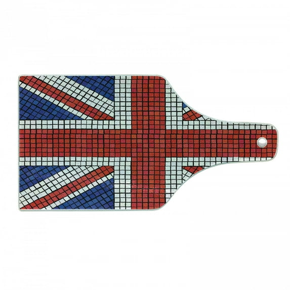 Union Jack Cutting Board, Mosaic Tiles Inspired Design British Flag National Identity Culture, Tempered Glass Cutting and Serving Board, Wine Bottle Shape, Royal Blue Red White, by Ambesonne