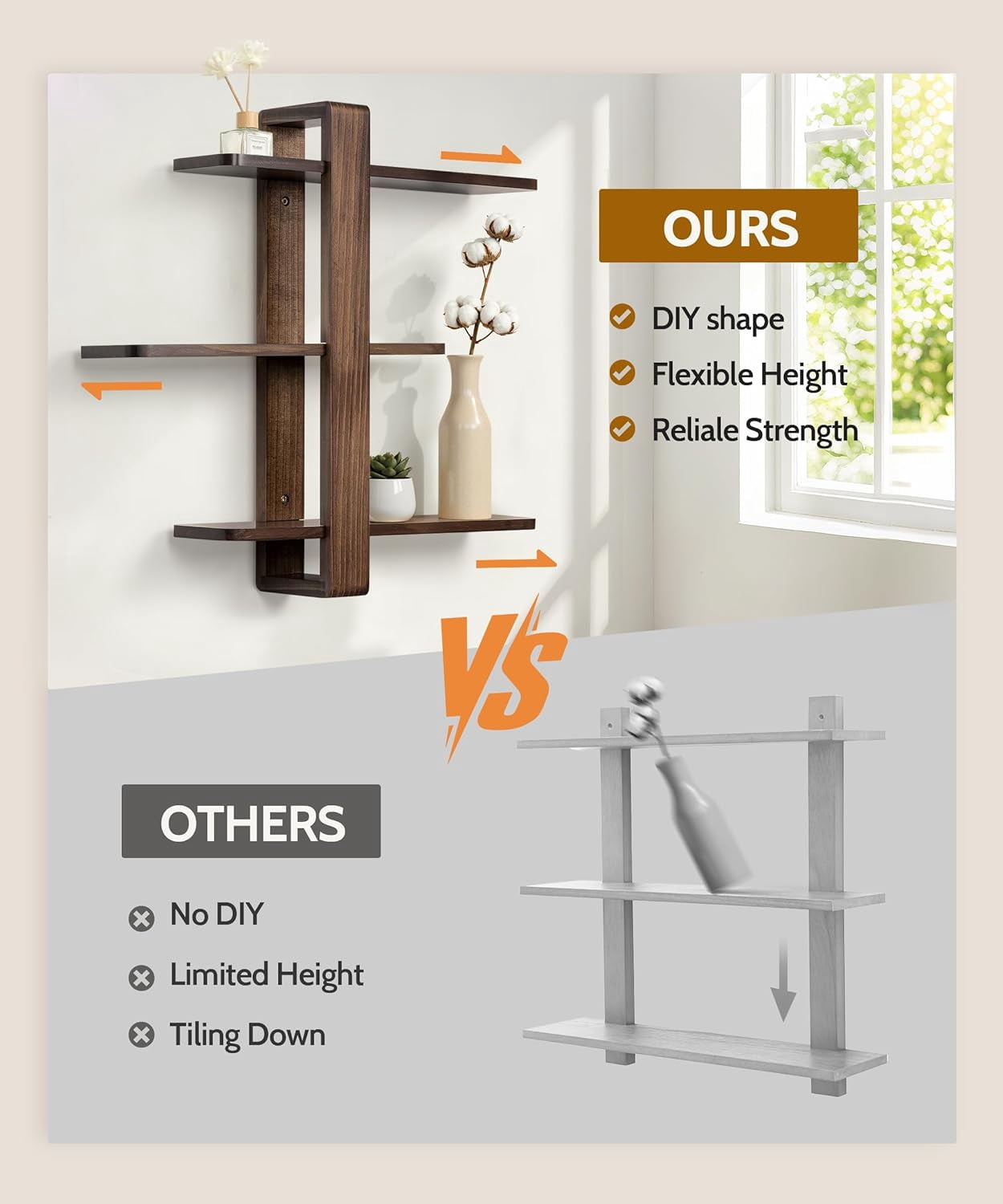 Gronda Walnut Floating Shelves for Living Room Bathroom Bedroom, Mid Century Modern Wood Wall Shelves, 3 Tier Adjustable Plant Wall Shelf, 20 Inch