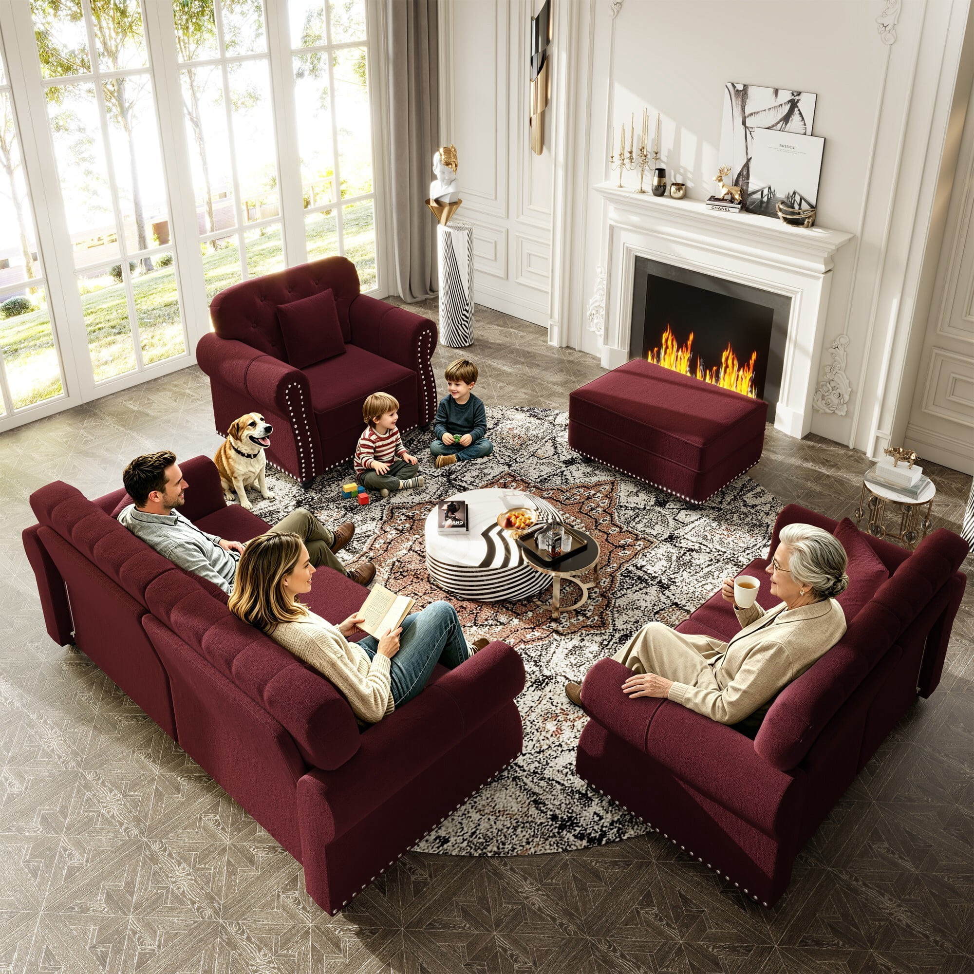 DEALTOPS 63 Inch Reversible Chesterfield Velvet Sectional Sofa with Ottoman, Tufted Nailhead Trim, Burgundy