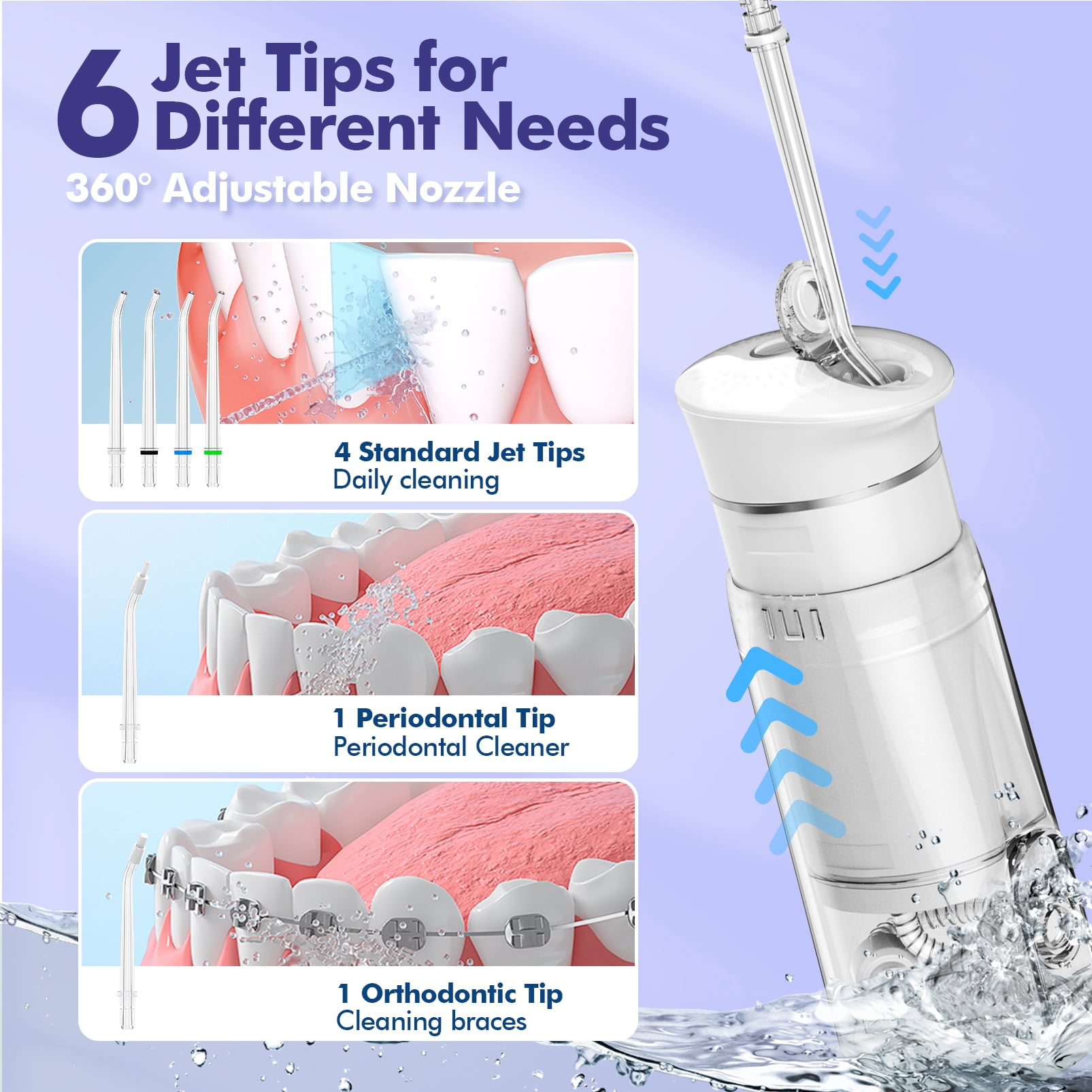 Bezvoi Water Flosser Cordless Travel, Mini Oral Irrigator with Telescopic Water Tank, 5 Modes, 6 Jet Tips, IPX7 Waterproof Electric Portable Water Teeth Cleaner Picks for Braces Bridges Care