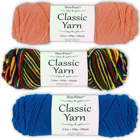 Soft Acrylic Yarn 3-Pack, 3.5oz / ball, Pink Coral + Blend Mexicana + Blue Skipper. Great value for knitting, crochet, needlework, arts & crafts projects, gift set for beginners and pros