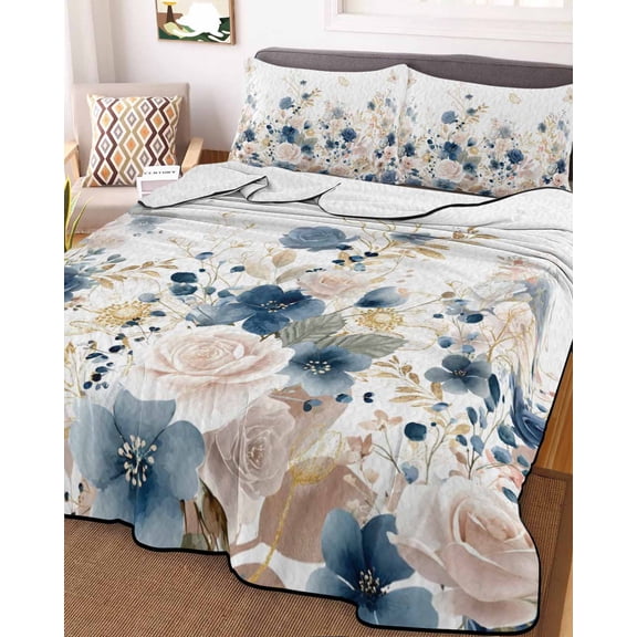 Navy Blue Spring Floral Queen Size Down Alternative Comforter,Lightweight Comforter Quilt Bedding Set with Pillow Shams Elegant Pastoral Flowers Watercolor Bed Comforter Duvet Insert 90"x96"
