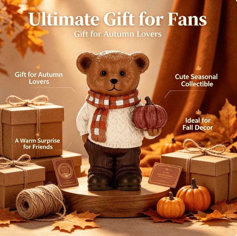 Resin Bear with Pumpkin Decorative Figurine, Multicolor, 6", Thanksgiving Bear Figurine Wearing Plaid Scarf, Cute Fall Season Tabletop Home Decoration