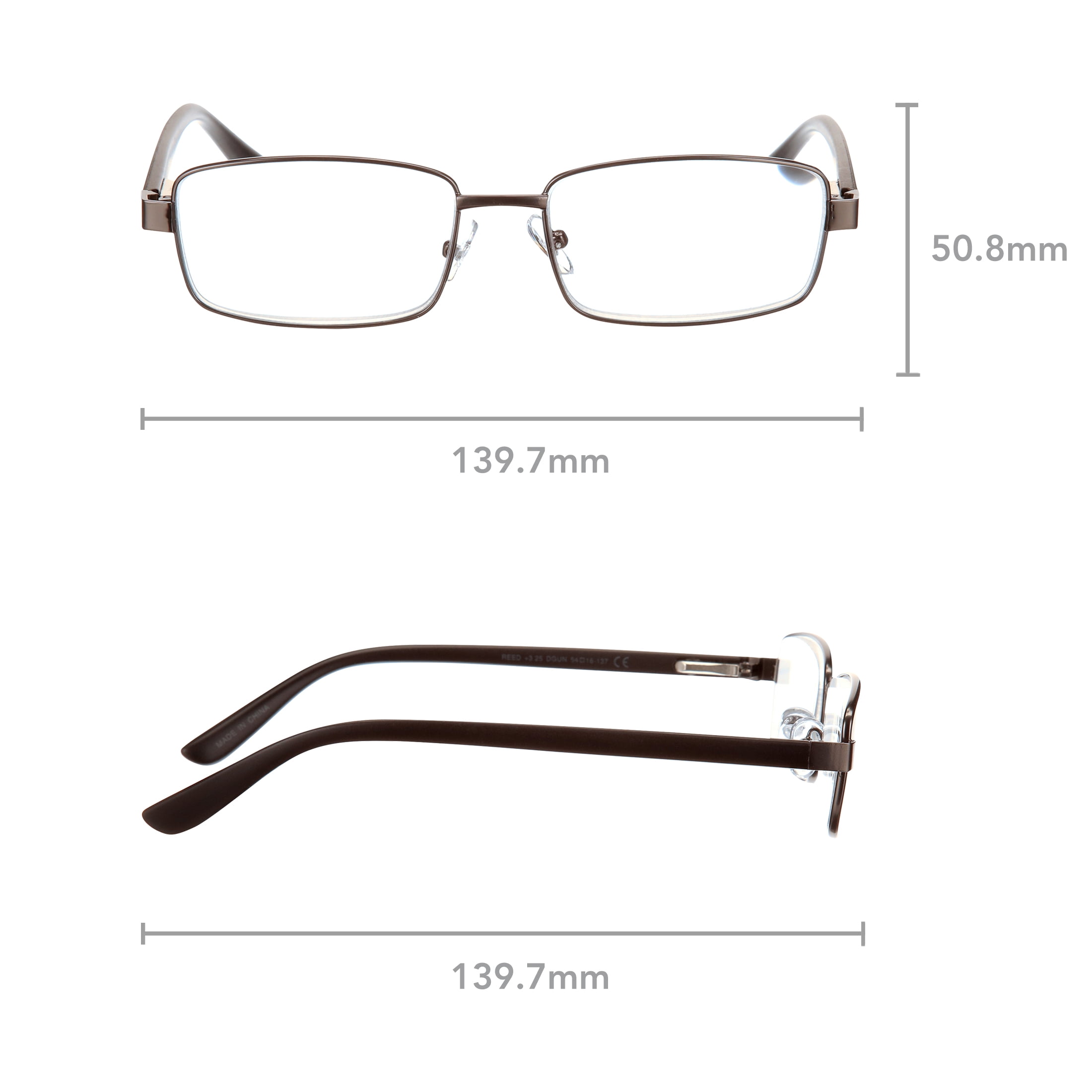 (2 pack) M+ Mens Rectangular Metal Reading Glasses Dgun 3.25 Reed in Gunmetal with Matte Black Temples