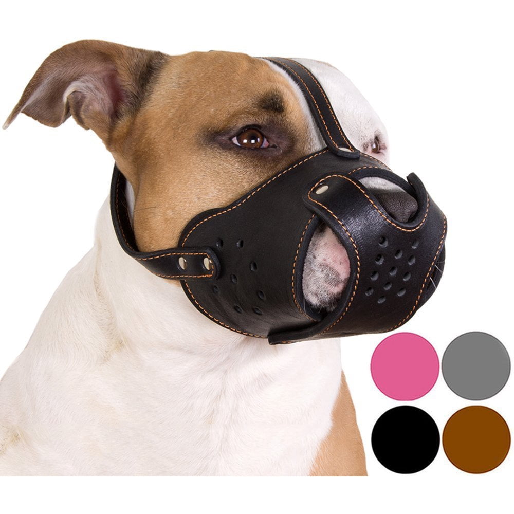 Dog Muzzle Pit Bull AmStaff Basket Genuine Leather Staffordshire Terrier, Black