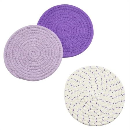

Potholders Set Trivets Set 100% Pure Cotton Thread Weave Hot Pot Holders Set (Set of 3) Stylish Coasters Hot Pads Hot Mats Spoon Rest For Cooking and Baking by Diameter 7 Inches(Purple)