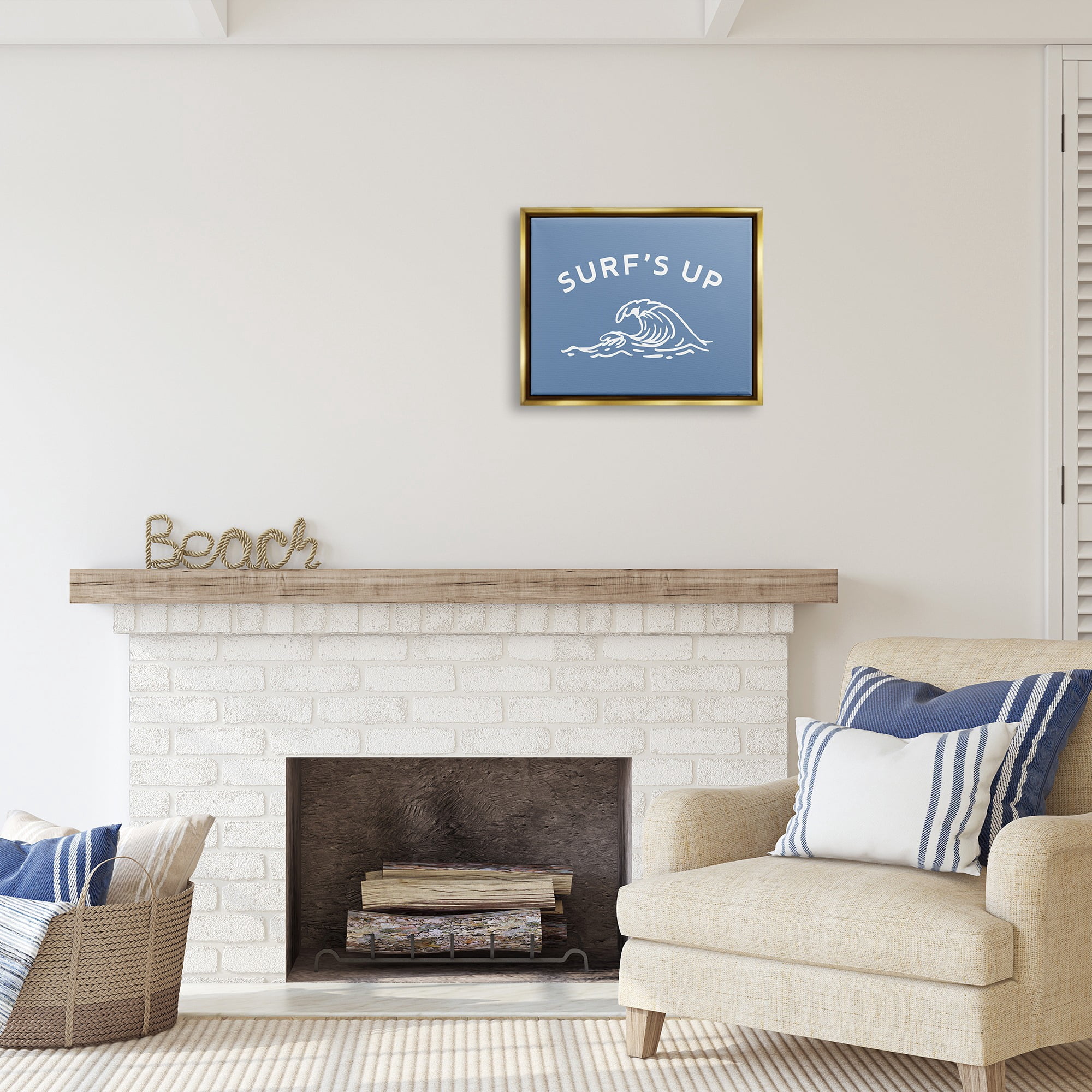 Stupell Industries Surf's Up on Blue Landscape Painting Gold Floater Framed Canvas Art Print Wall Art, 21 x 17